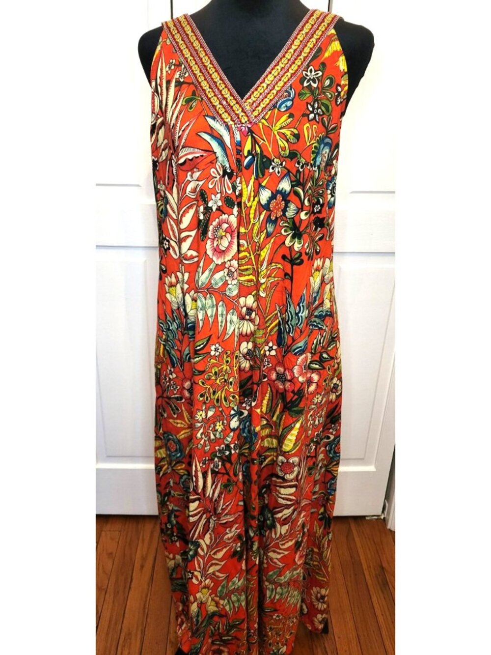 Soft Surroundings Orange Floral Flowy Maxi Dress Embroidered PL Boho Teacher